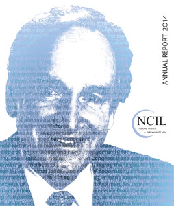 The 2015 Annual Report cover image features an artistic rendering of Senator Tom Harkin. The image is comprised of the words of his 2014 farewell speech on the floor of the US Senate