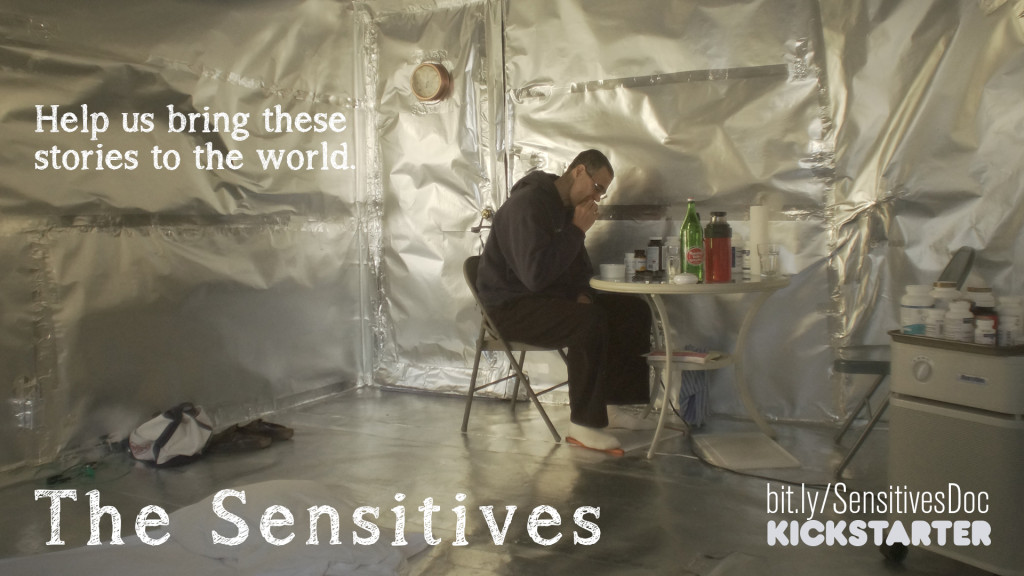 The Sensitives - bit.ly/SensitivesDoc Kickstarter - Help us bring these stories to the world - (Image: A man sits at a small table in a room covered in metallic foil