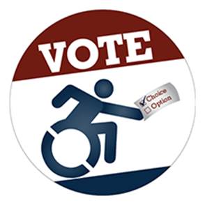 VOTE Emblem features the universal sybol of accessibility holding a paper with Choice check marked and Option unchecked