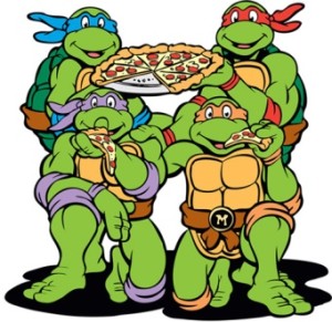 Teenage Mutant Ninja Turtles eat a pizza