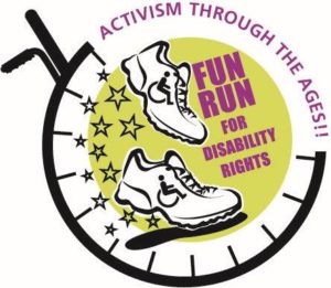 2018 ADAPT FUN*RUN Logo - Activism Through the Ages - Fun Run For Disability Rights – Graphic features a wheelchair, running shoes with the universal symbol of accessibility on them, and stars.