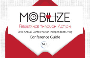 Invitation: Graphic features an envelope with the Conference Logo: Mobilize: Resistance through Action - 2018 Annual Conference on Independent Living - Conference Guide