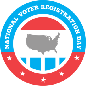 Circular red, white and blue logo with a gray outline of the continental United States in the center. The top of the circle has the words "National Voter Registration Day" in white with a blue background, and the bottom of the circle has white stars on a red background