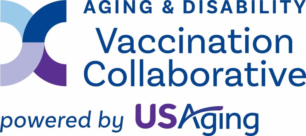Blue and purple logo with the words Aging and Disability Vaccination Collaborative powered by USAging.